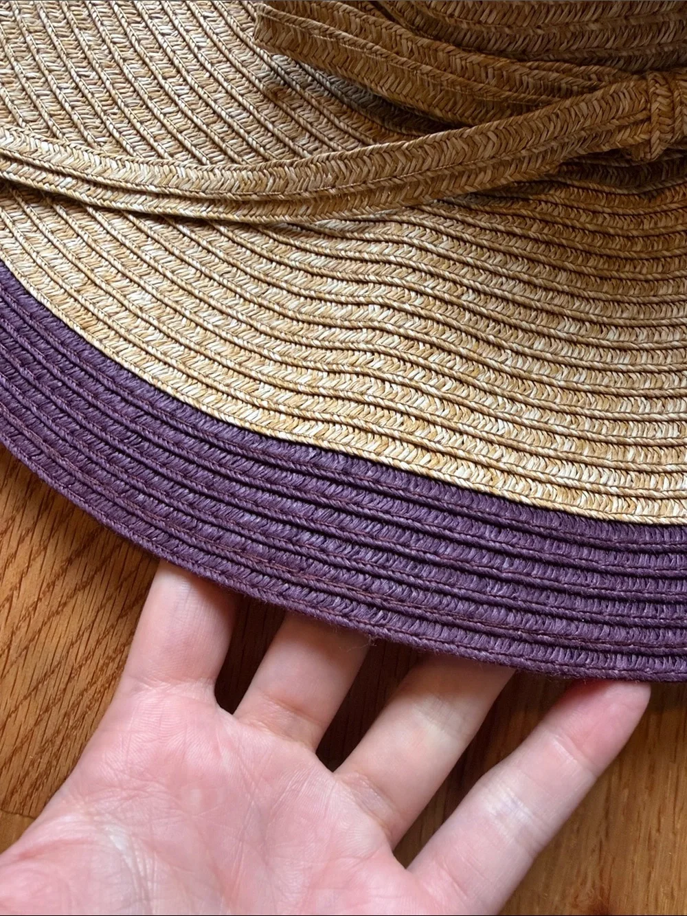 Wide Brim Straw Sun Hat with Purple Trim 100% paper straw